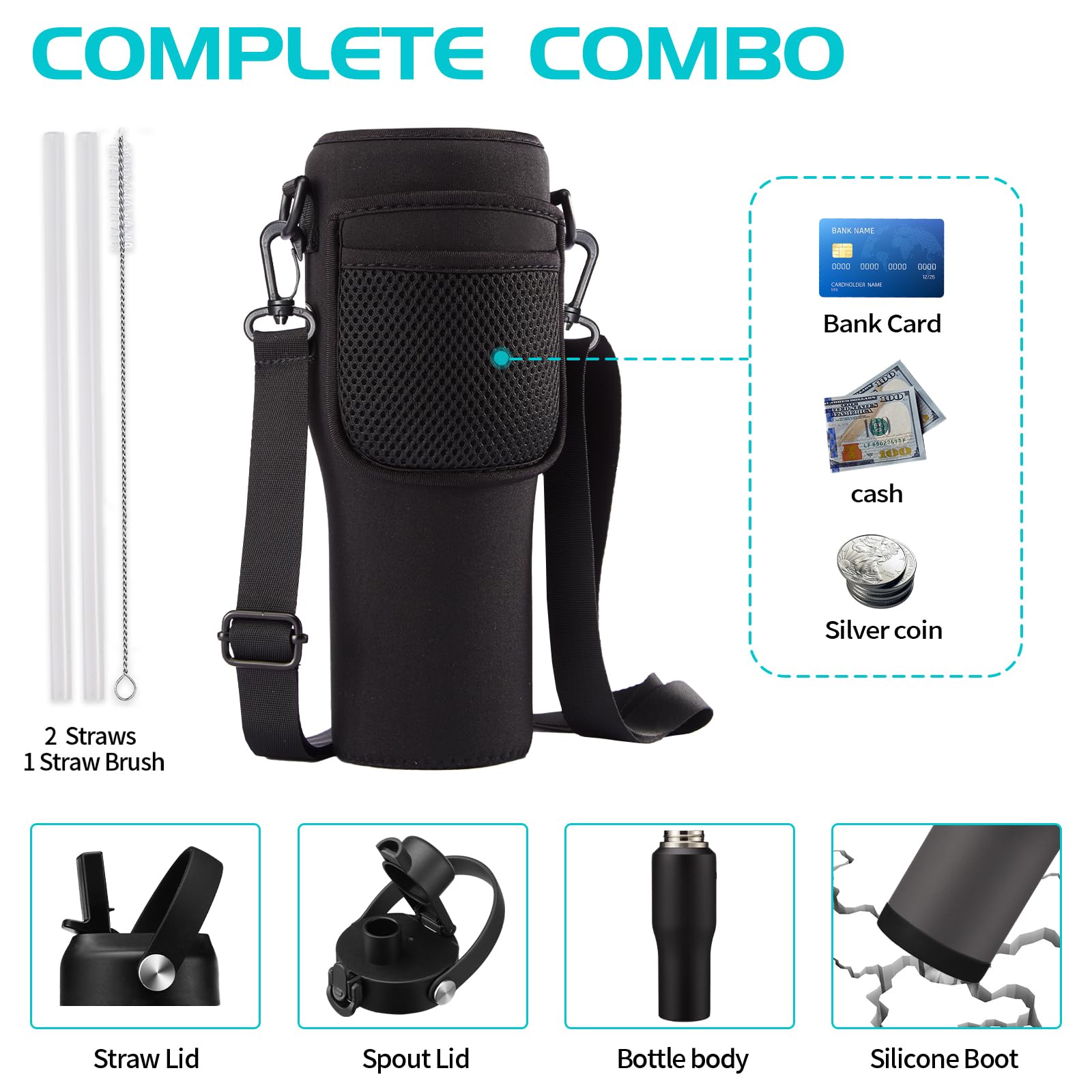 32Oz Insulated Water Bottle Tumbler With Straw - Auto Spout Lid, Protective Boot, Carrier Pouch, Vacuum Stainless Steel Water Bo